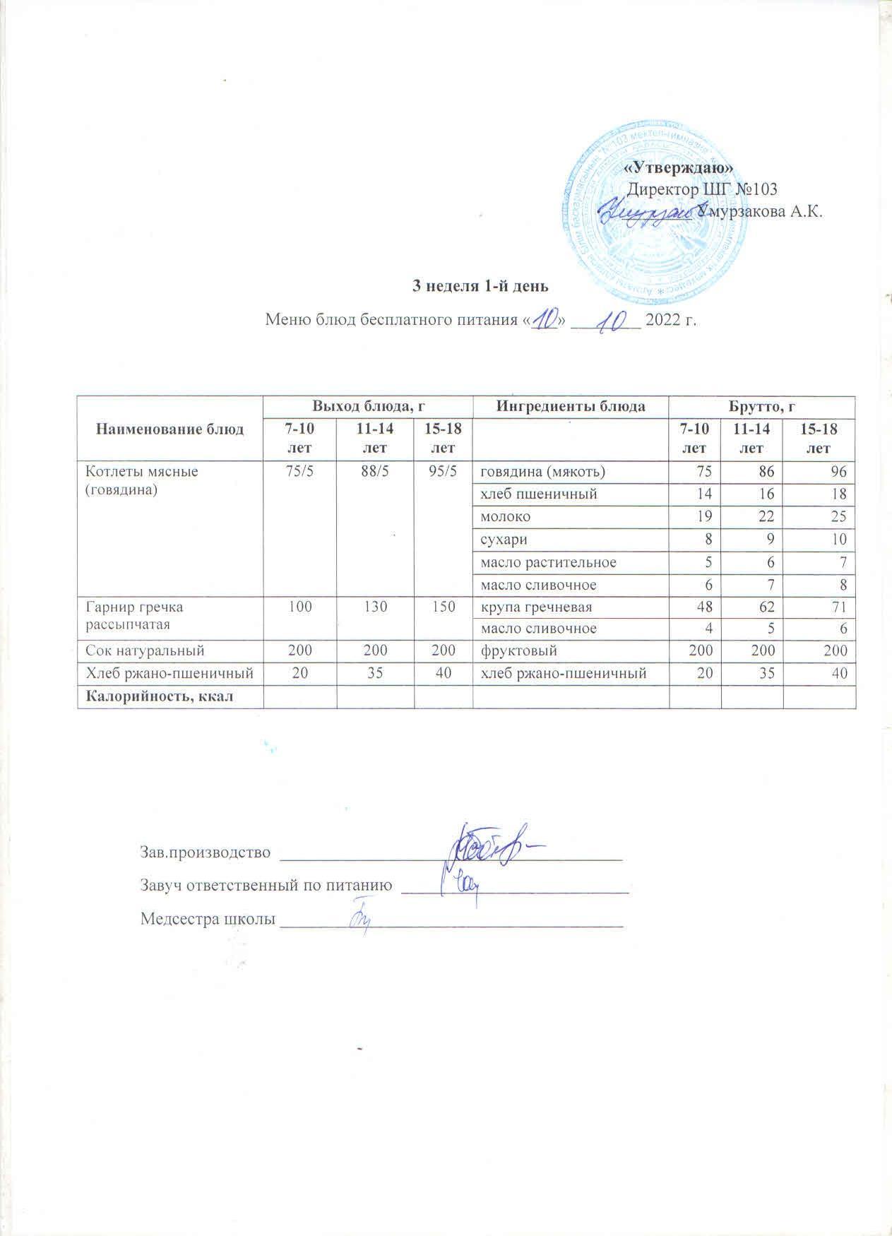 1 апталық ас мәзірі