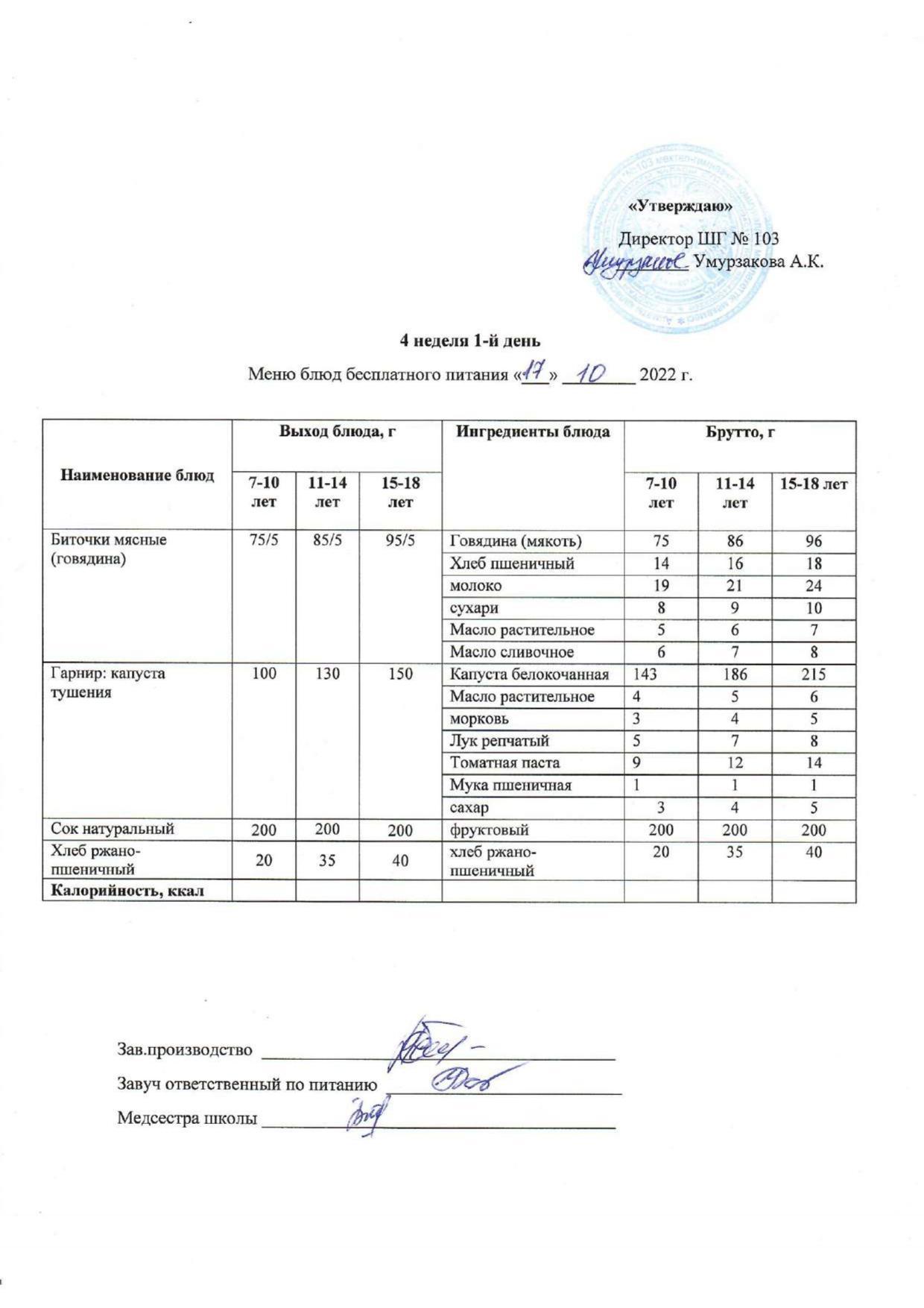 1 апталық ас мәзірі