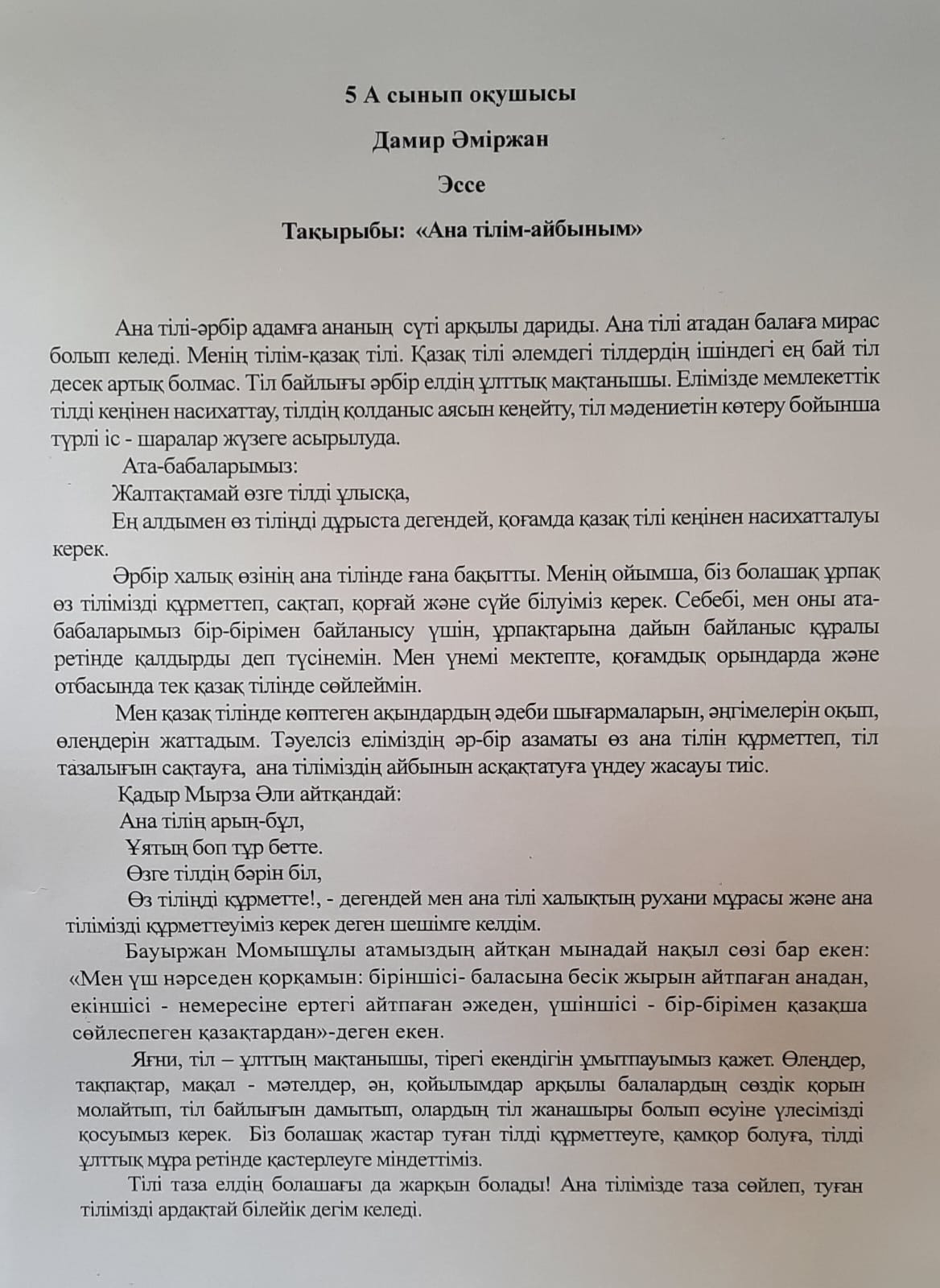 Эссе Дамир Әміржан  5 А сынып оқушысы
