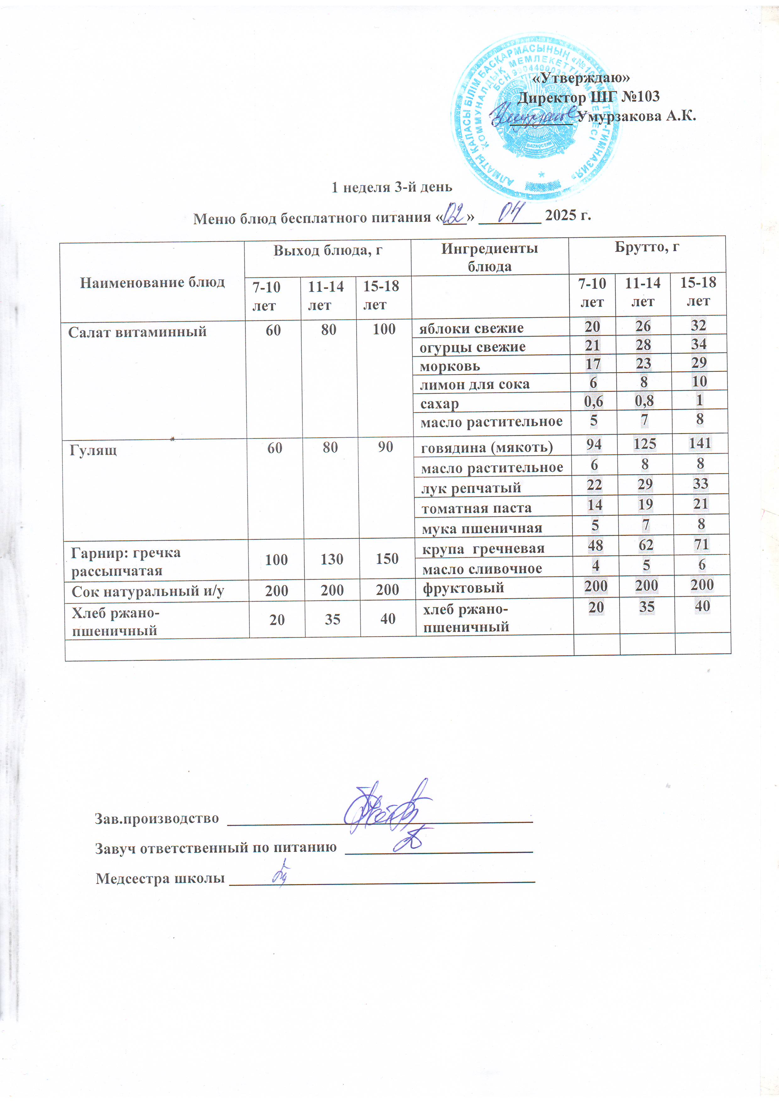 Сәрсенбілік ас мәзірі