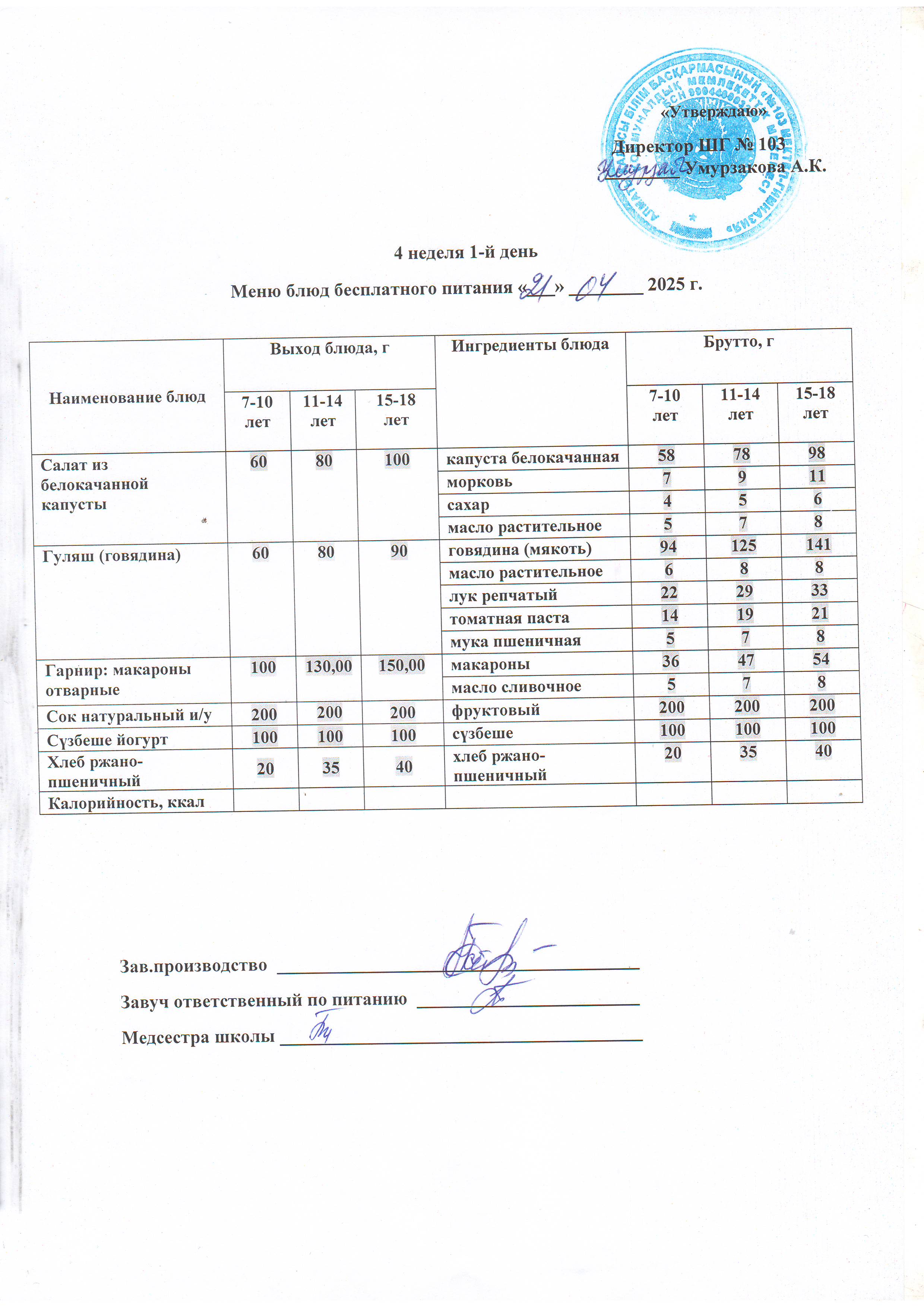 Дүйсенбілік ас мәзірі