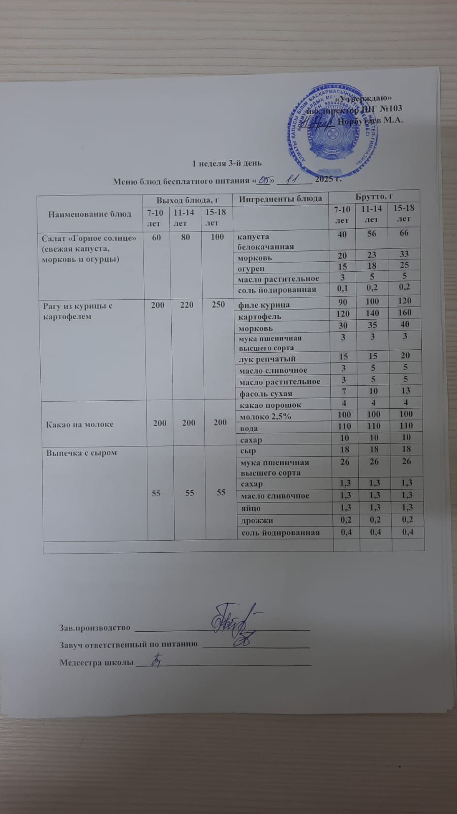 КҮНДЕЛІКТІ АС МӘЗІРІ/ ЕЖЕДНЕВНОЕ МЕНЮ