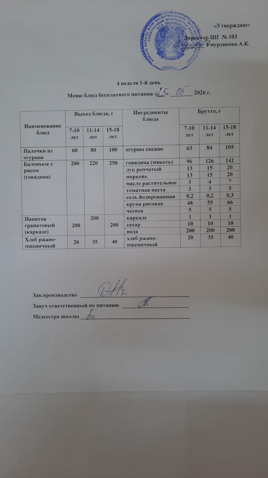 КҮНДЕЛІКТІ АС МӘЗІРІ/ ЕЖЕДНЕВНОЕ МЕНЮ